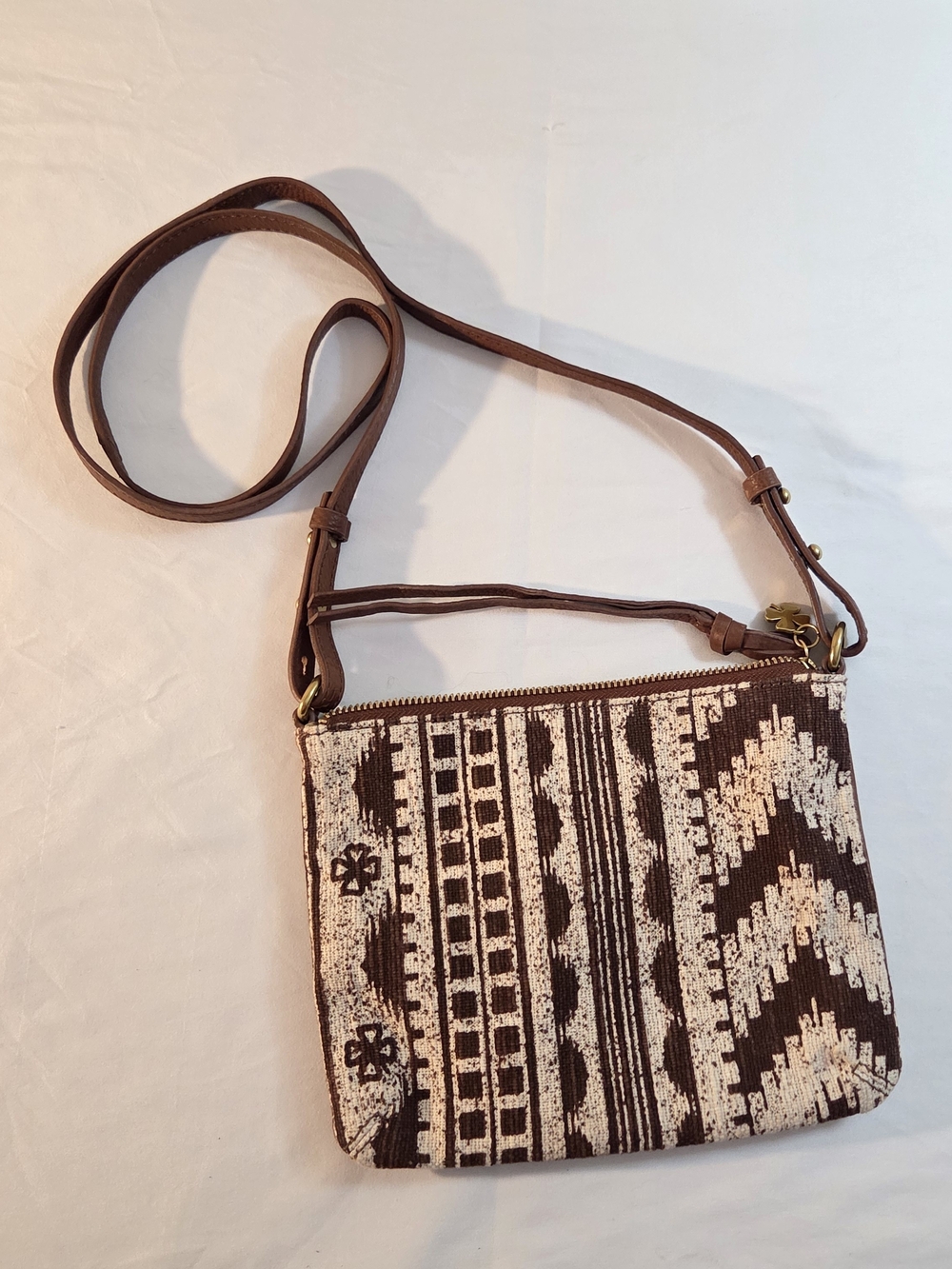 Lucky Brand Brown and Cream Geometric Tapestry Crossbody Bag